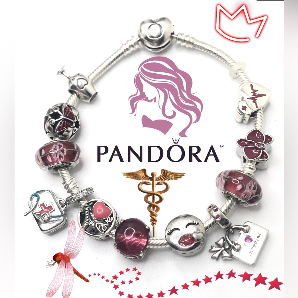Authentic Pandora Bracelet With x2 Pandora Brand Beads total ‘Heart of Nurse’